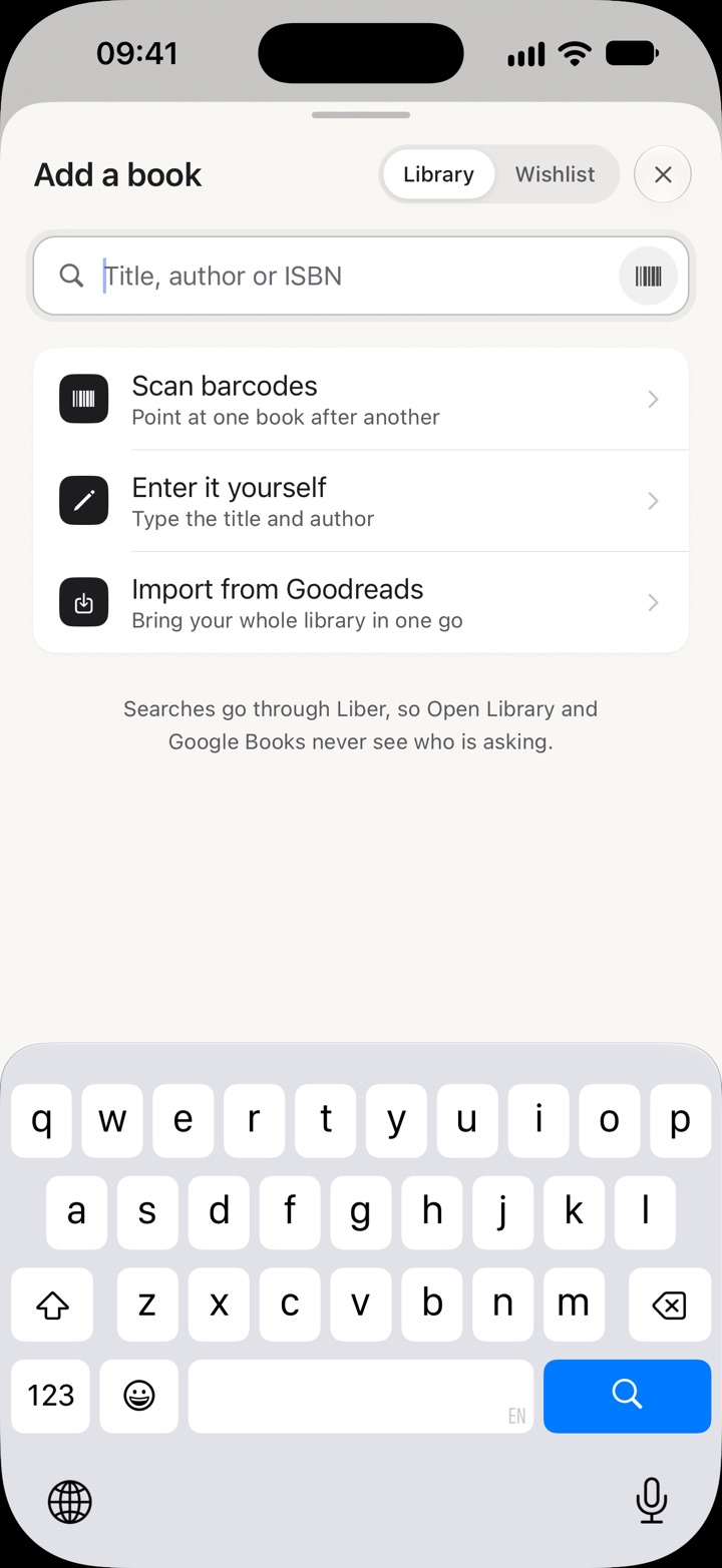Adding a book: scan, enter it yourself or import