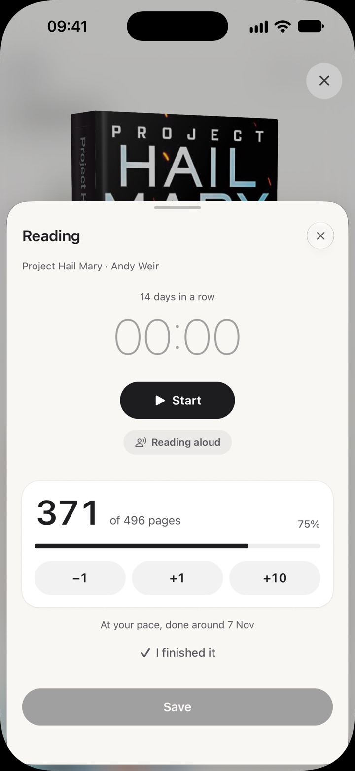 Reading Project Hail Mary: a timer, reading aloud and the page you're on